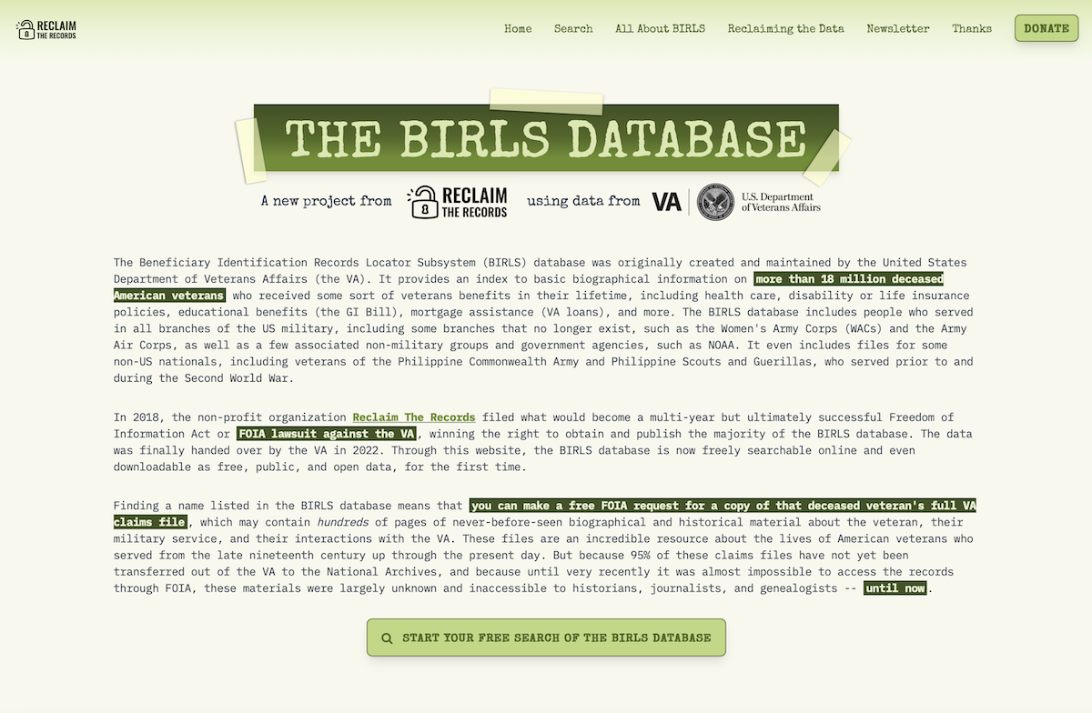 Search the BIRLS Database screenshot